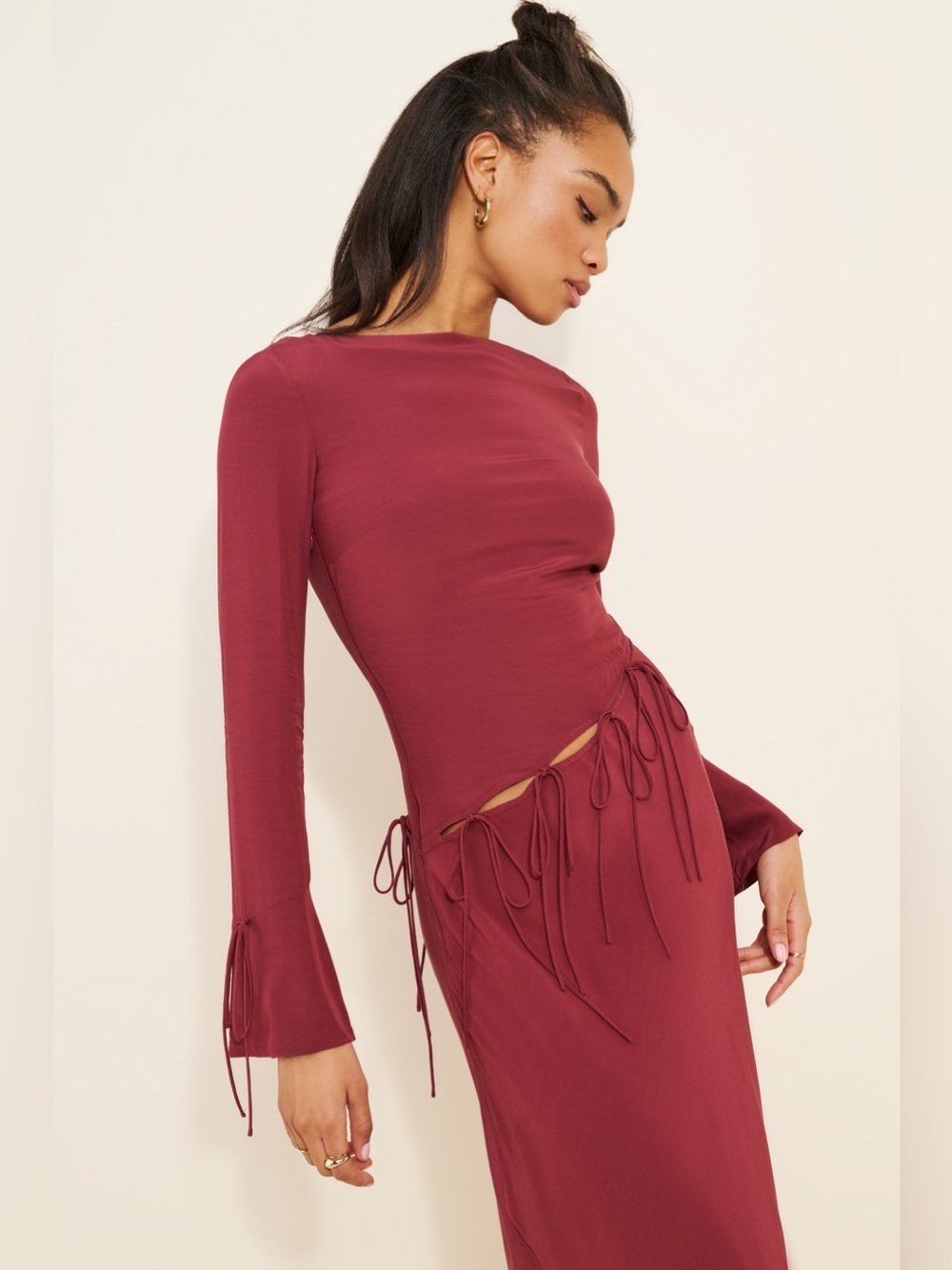 SAEMDI Long Sleeve Asymmetrical Bow Maxi Dress Size M NWT chic feminine 90s - Picture 12 of 14